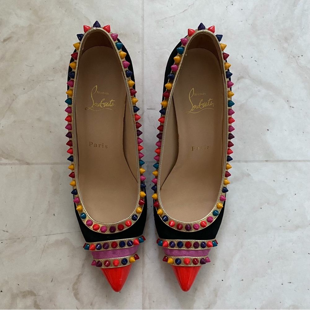 Christian Louboutin Multicolor Suede Leather Malabar Hill Spiked Pumps Heels 9 - Picture 4 of 13